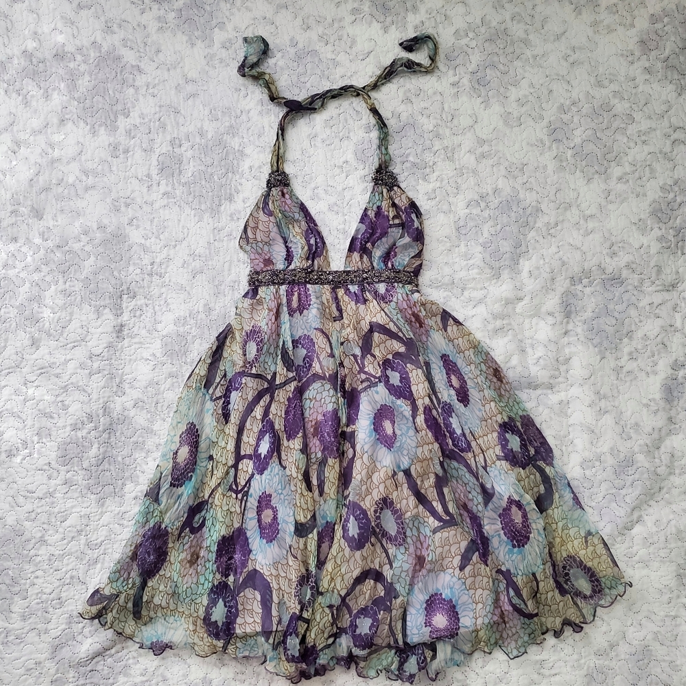 Dainty Fairy Flowy Silk Purple and Silver Backless Halter Neck Dress